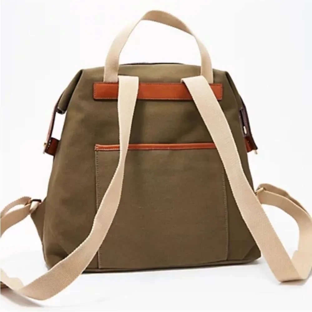G.I.L.I. Leather Trim Canvas Backpack Olive Stripe Zip Top Adjustable Straps